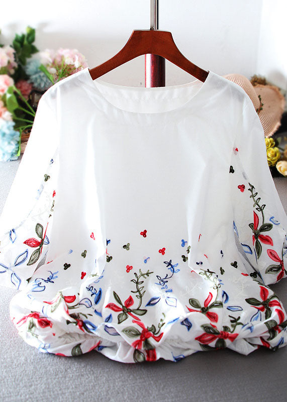 White O-neck Embroideried Chiffon Tops Lantern Sleeve