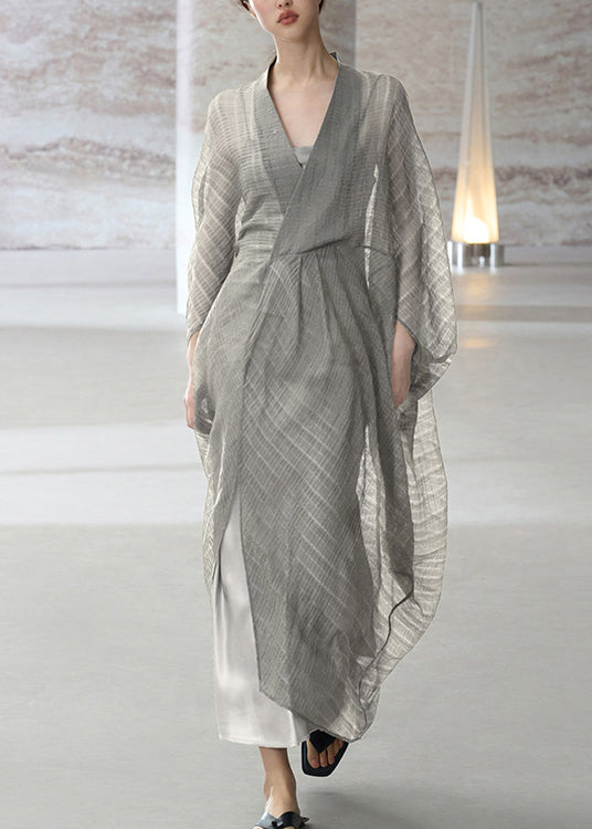 Grey V Neck Patchwork Cotton Dress Two Piece Set Summer