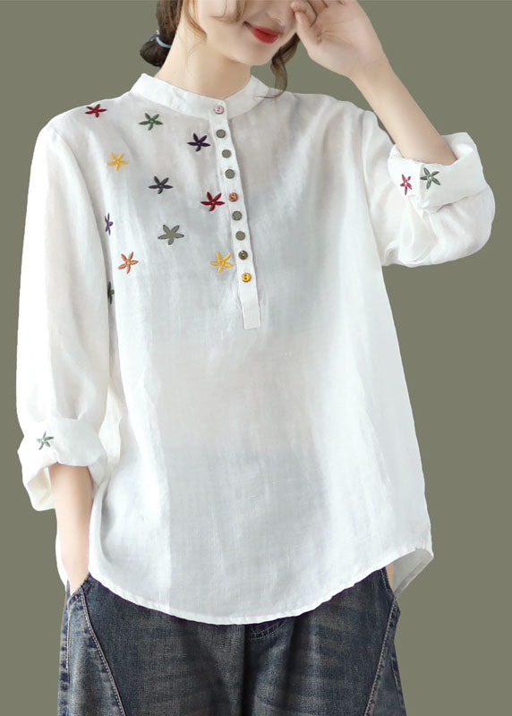 White Stand Collar Embroideried Linen Shirt Spring