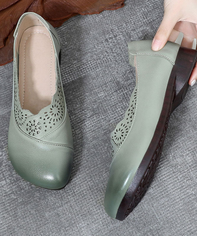 Green Hollow Out Flat Shoes Cowhide Leather Splicing Flats