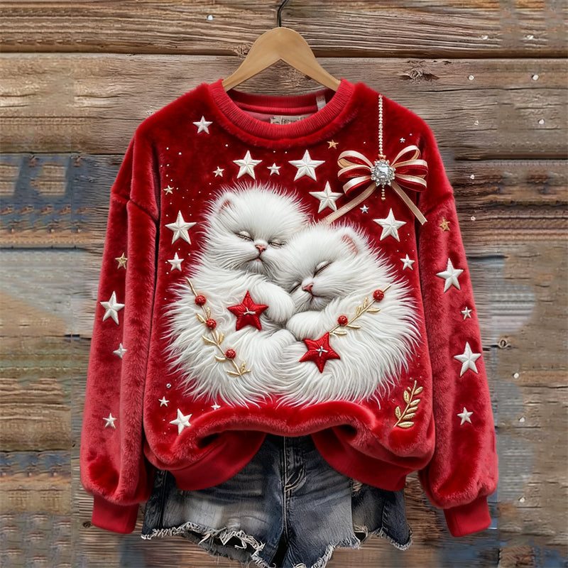 Christmas Sleeping Cats Stars Embroidered Cozy Plush Sweatshirt