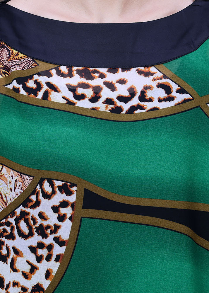 Green Leopard Print Low High Design Chiffon Upf 50+ Top Batwing Sleeve