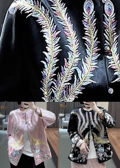 Black Button Embroideried Silk Coats O-neck Long Sleeve