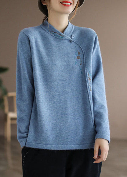 Blue Stand Collar Embroideried Thick Knitted Sweater Long Sleeve