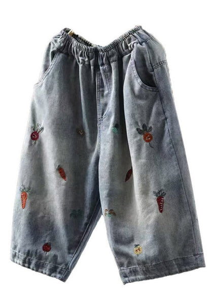 Loose Light Blue Embroidered Patchwork Crop Jeans Summer