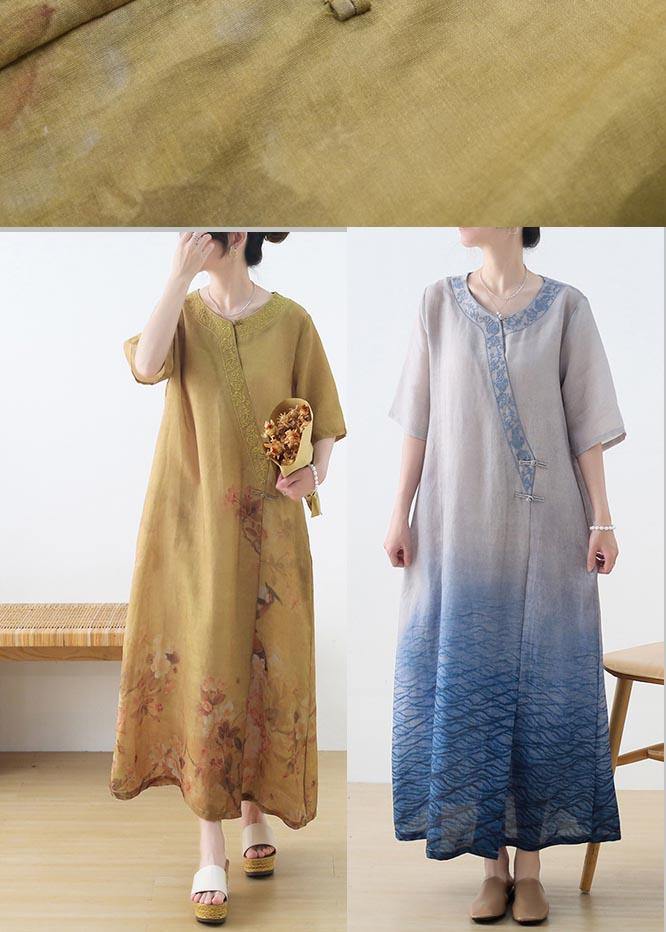 Yellow Print Oriental Party Dress Summer Linen Dress