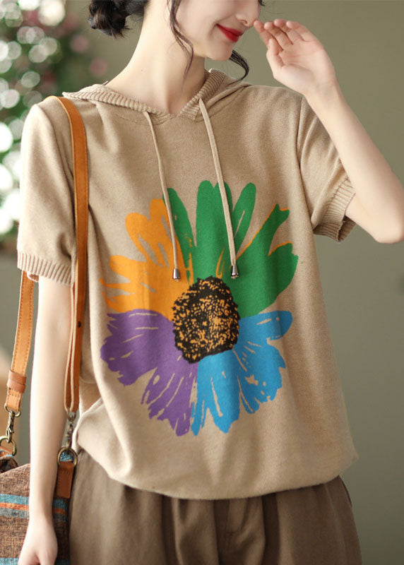 Khaki Print Knit Tank Tops Drawstring Short Sleeve