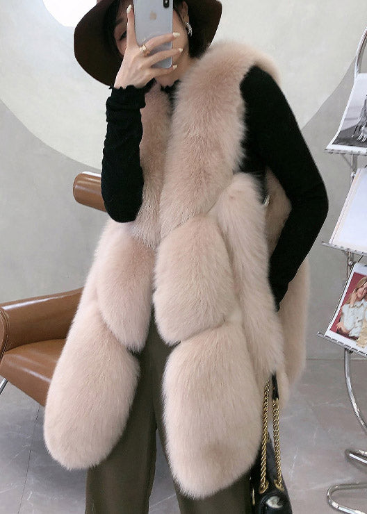 Apricot Fox Collar Patchwork Leather and Fur Waistcoat Winter