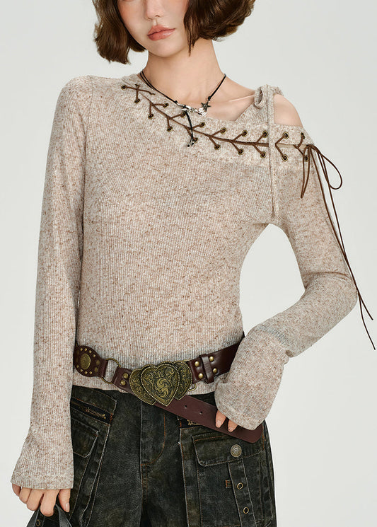 Diy Beige One Shoulder Cross Strap Knit Tops Spring