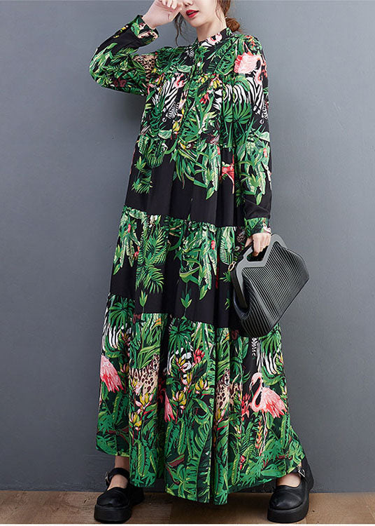 Green Oversized Patchwork Exra Large Hem Cotton Holiday Dress Spring