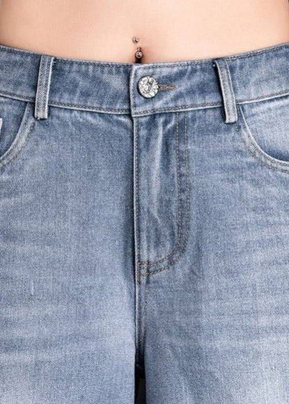 Light Blue High Waist Pockets Tassel Cotton Denim Wide Leg Pants Summer