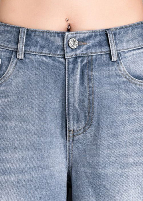 Light Blue High Waist Pockets Tassel Cotton Denim Wide Leg Pants Summer