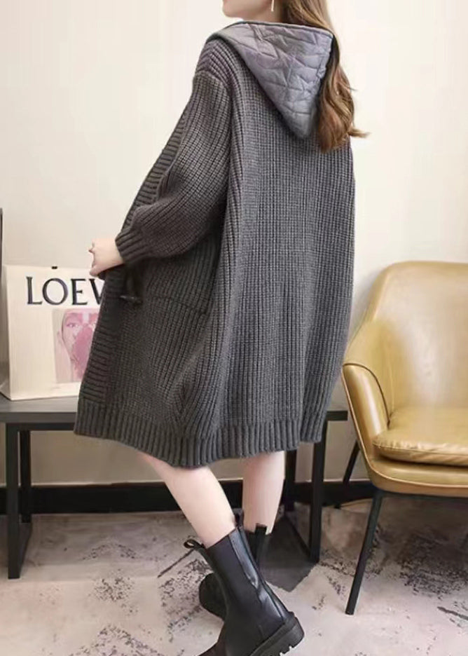 Khaki Hooded Pockets Patchwork Knit Coats Fall