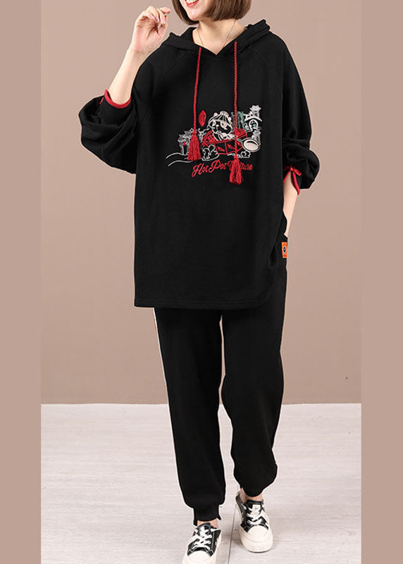 Black Hooded Embroideried Drawstring Fall Loose Sweatshirts Top