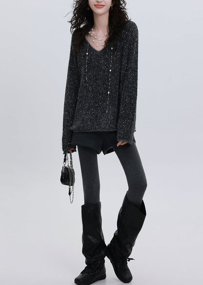 Charcoal Grey Sequins Oversized Knit Sweater Tops Winter