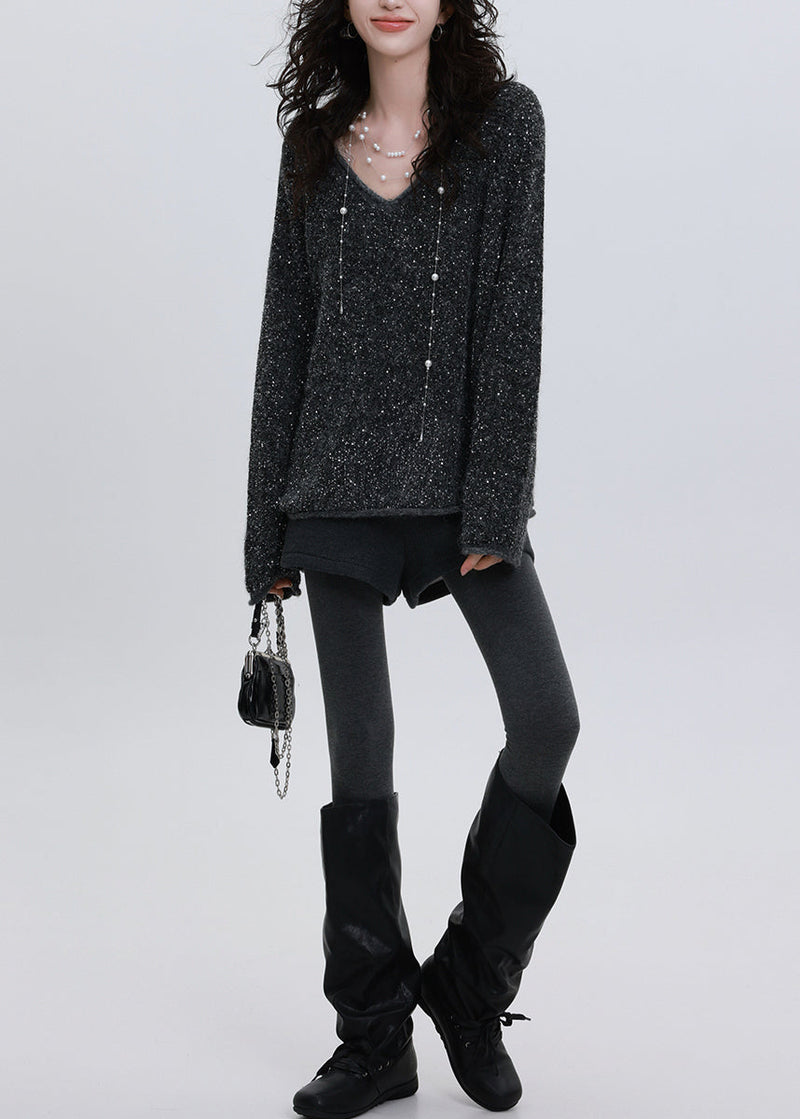 Charcoal Grey Sequins Oversized Knit Sweater Tops Winter
