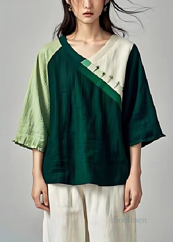 Blackish Green Oversized Patchwork Linen Shirts Summer