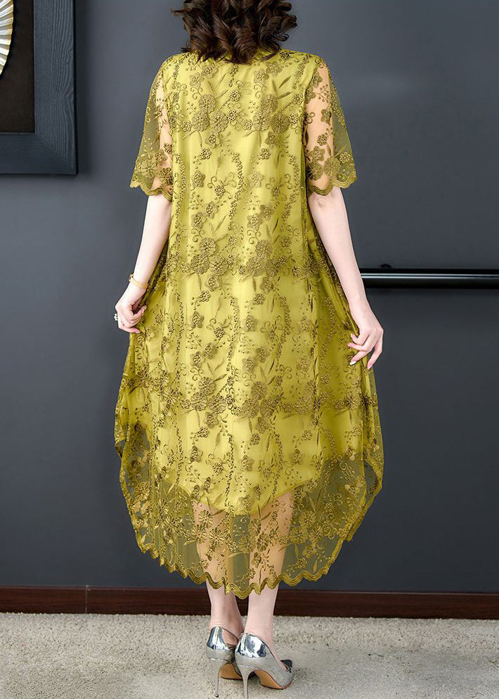 Yellow Embroideried Pockets Patchwork Tulle Dress Summer