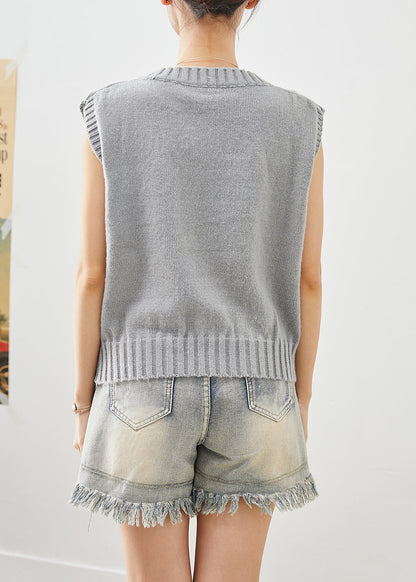 Grey V Neck Embroideried Knit Vest Fall