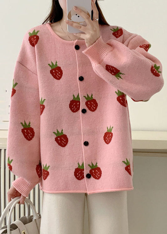 Pink Strawberry Cotton Knit Sweaters Coats Fall