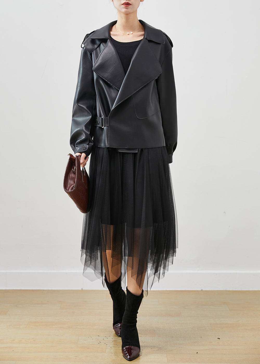 Black Faux Leather Coats and Tull Dress Two Piece Set Clothing Spring