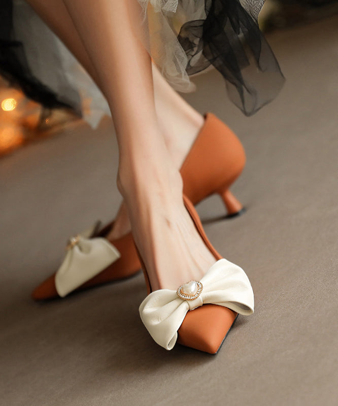 Brown High Heels Sheepskin Splicing Bow Pointed Toe