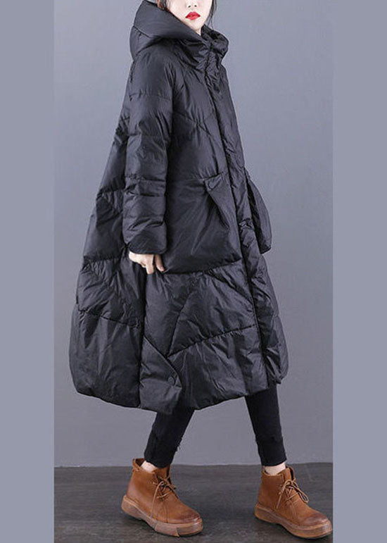 Loose Black Hooded Pockets Duck Down Winter Down Coat