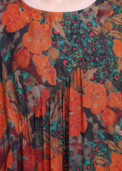 Orange Print O-neck Asymmetrical Design Summer Silk Long Dresses