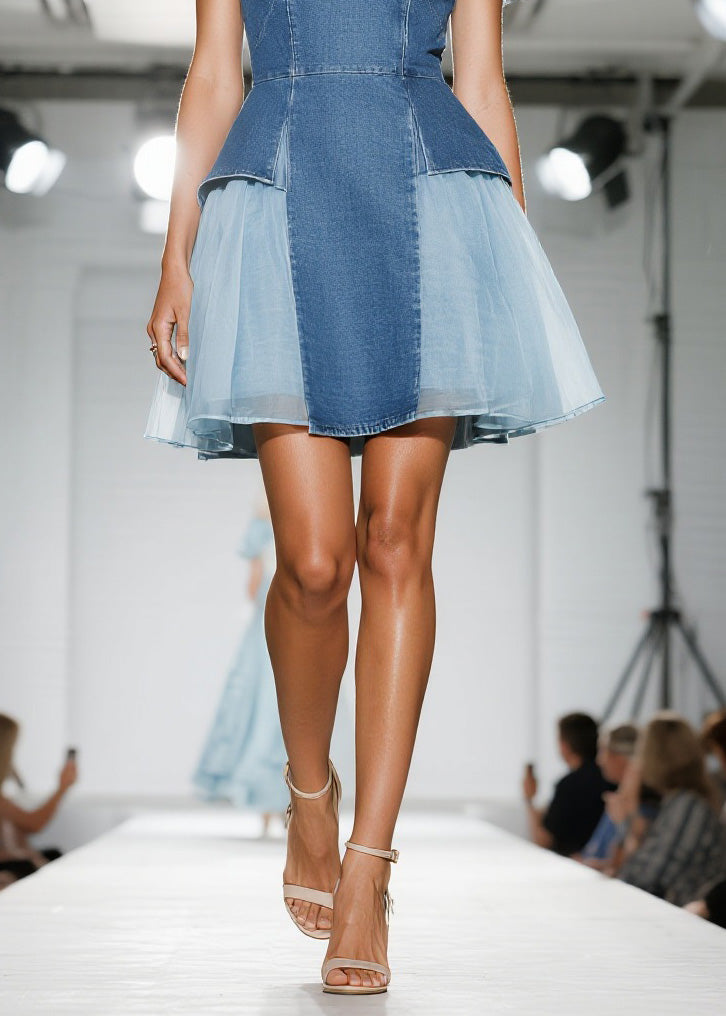 Blue Ruffled Tulle Patchwork Denim Dress Summer