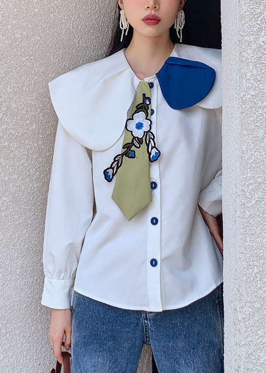 Fitted White Peter Pan Collar Embroideried Button Satin Shirt Long Sleeve