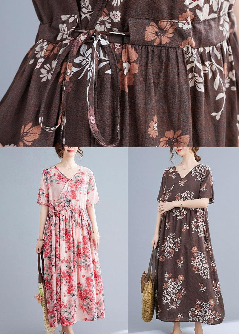 Pink Loose V Necktie Waist Summer Short Sleeve Dresses