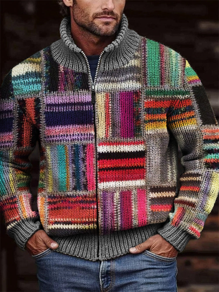 Men's Retro Colorblock Patchwork Cozy Full Zip Cardigan artswardrobe