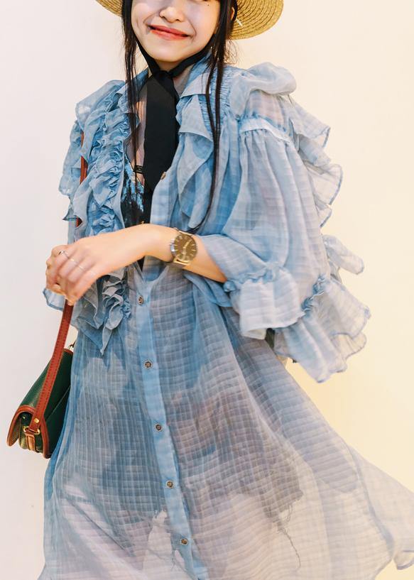 French Blue Wrinkled Ruffled Summer Chiffon Shirts Long Sleeve