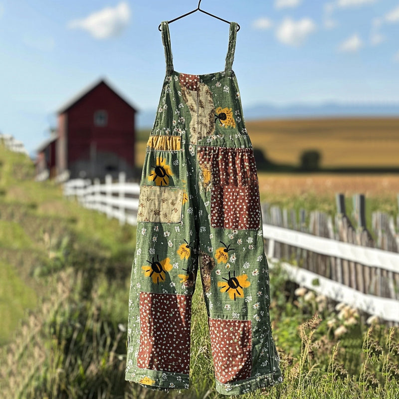 Insect Wildflower Floral Patchwork Print Linen Jumpsuit artswardrobe