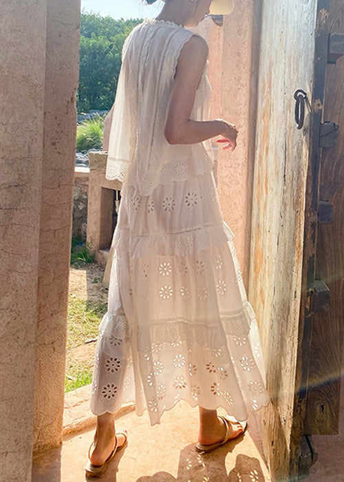 French White Hollow Out Blouses and Skirts Cotton Two Pieces Set Sleeveless