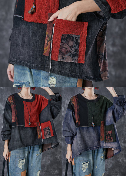 Navy Patchwork Denim Shirt Asymmetrical Oversized Spring