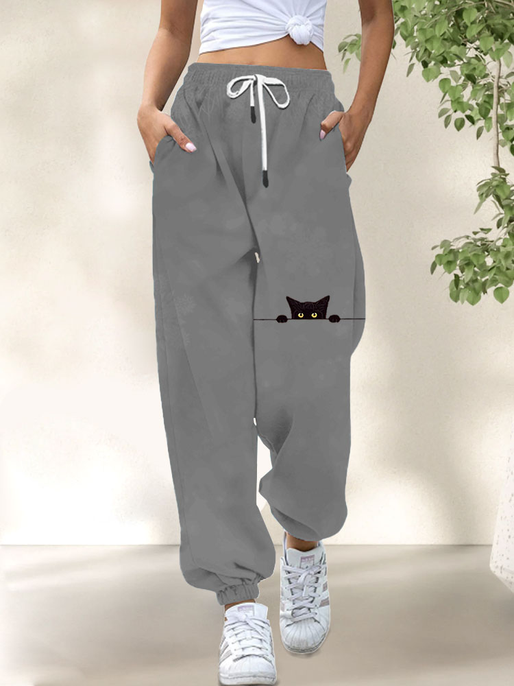 Comstylish Women's Casual Funny Black Cat Print Pants