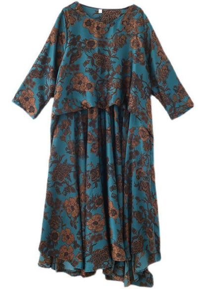 Fine Blue Print Silk Asymmetrical Design Summer Vacation Dresses