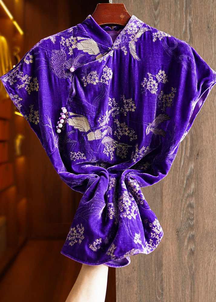 Purple Embroideried Nail Bead Button Silk Velour Shirt Short Sleeve