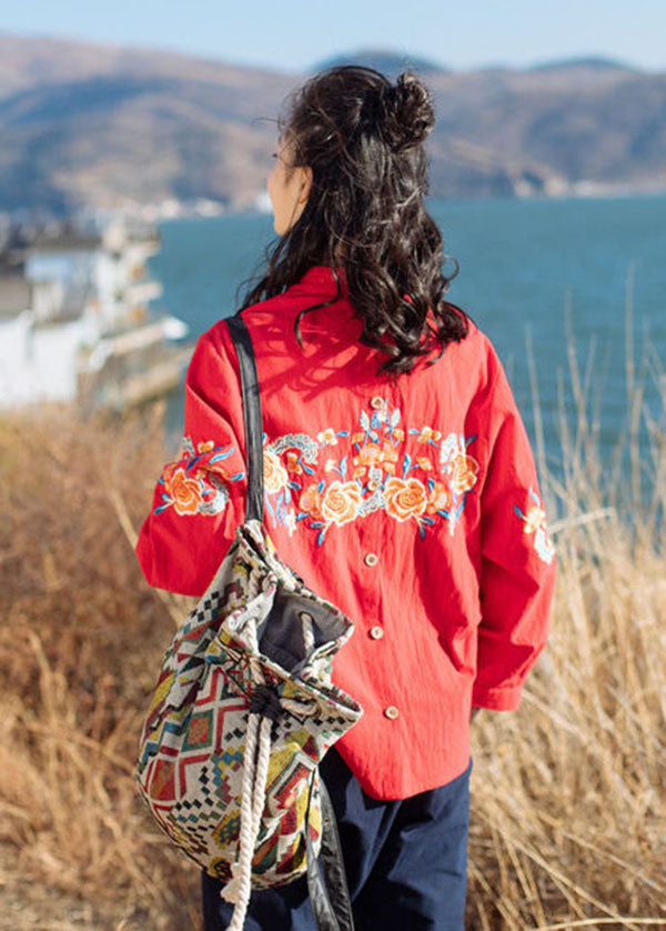 Red V Neck Embroideried Cotton Shirt Tops Half Sleeve