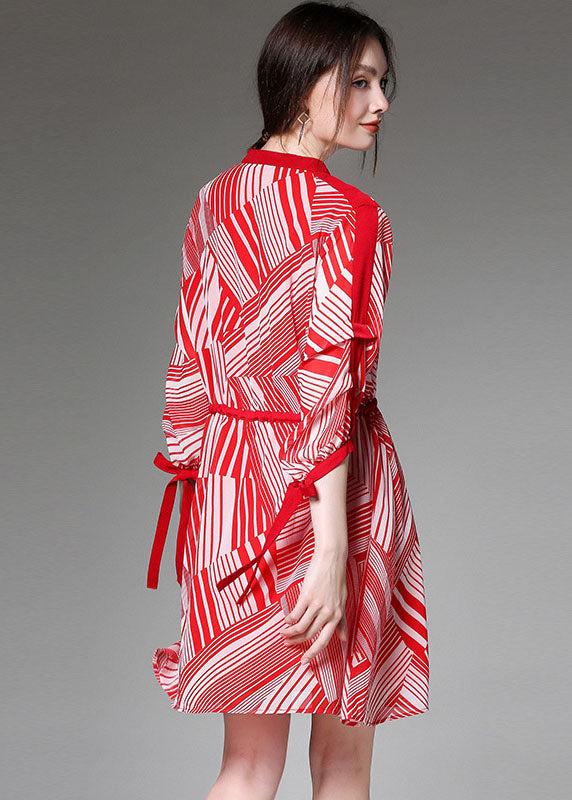 Boutique Red Tie Waist Cinched Print Fall Chiffon Half Sleeve Vacation Dresses