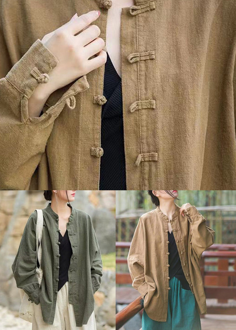 Khaki Button Patchwork Cotton Coats Stand Collar Spring