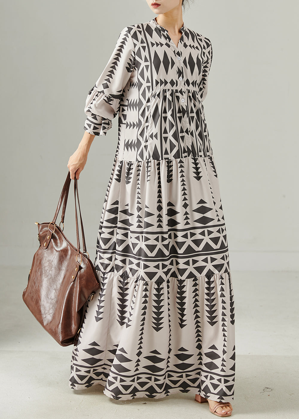 Grey Oversized Print Chiffon Dress Spring