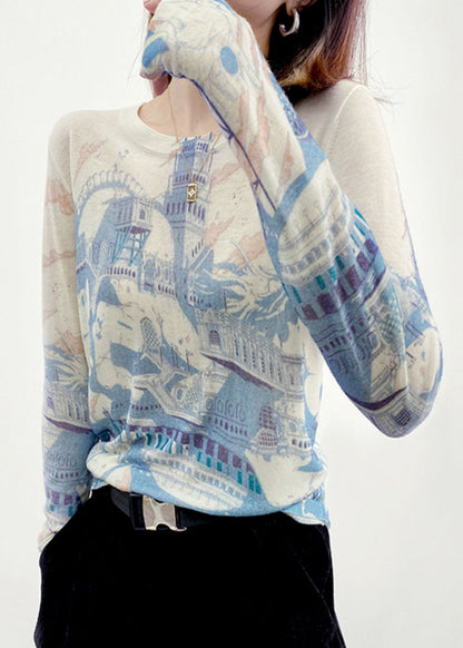 Blue O Neck Print Patchwork Knitting Cotton Top Long Sleeve