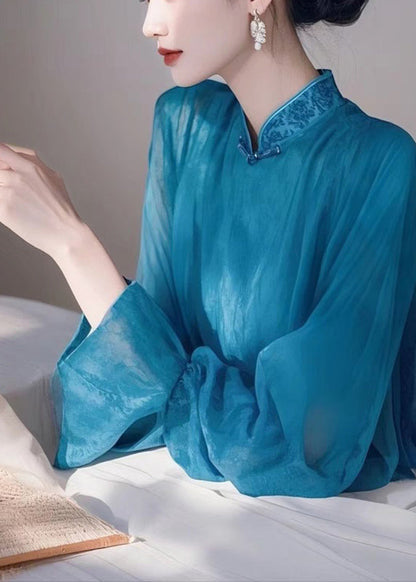 Blue Stand Collar Chiffon Shirts Spring