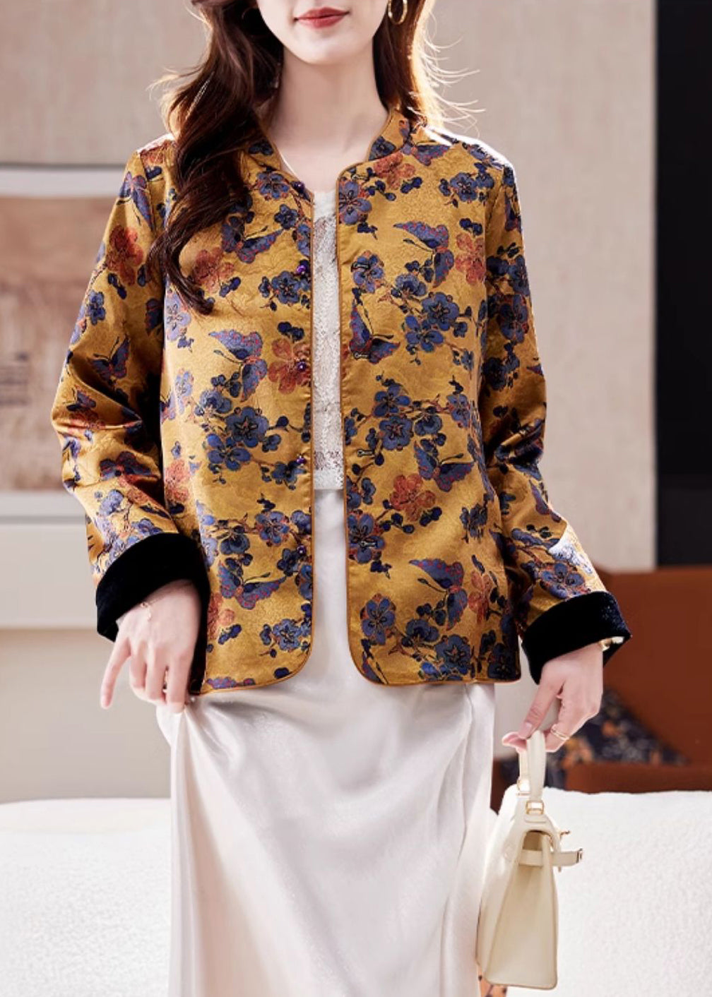 Chinese Style Yellow Stand Collar Jacquard Silk Coats Spring