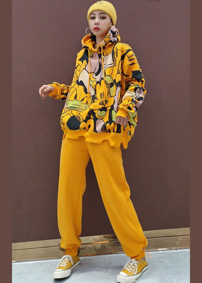 Simple Yellow Hooded Warm Fleece Sets 2 Pieces Spring