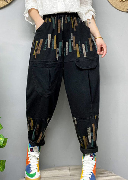 Fitted Black Elastic Waist Print Denim Pants Spring