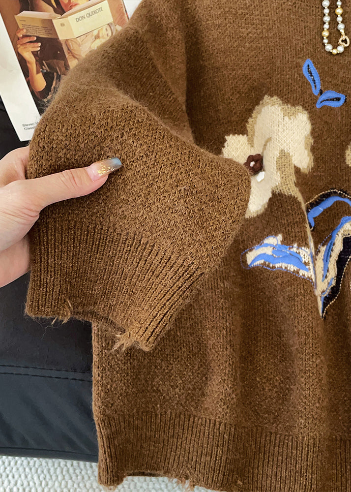 Jacquard Brown Hole Cozy Knit Sweater Spring
