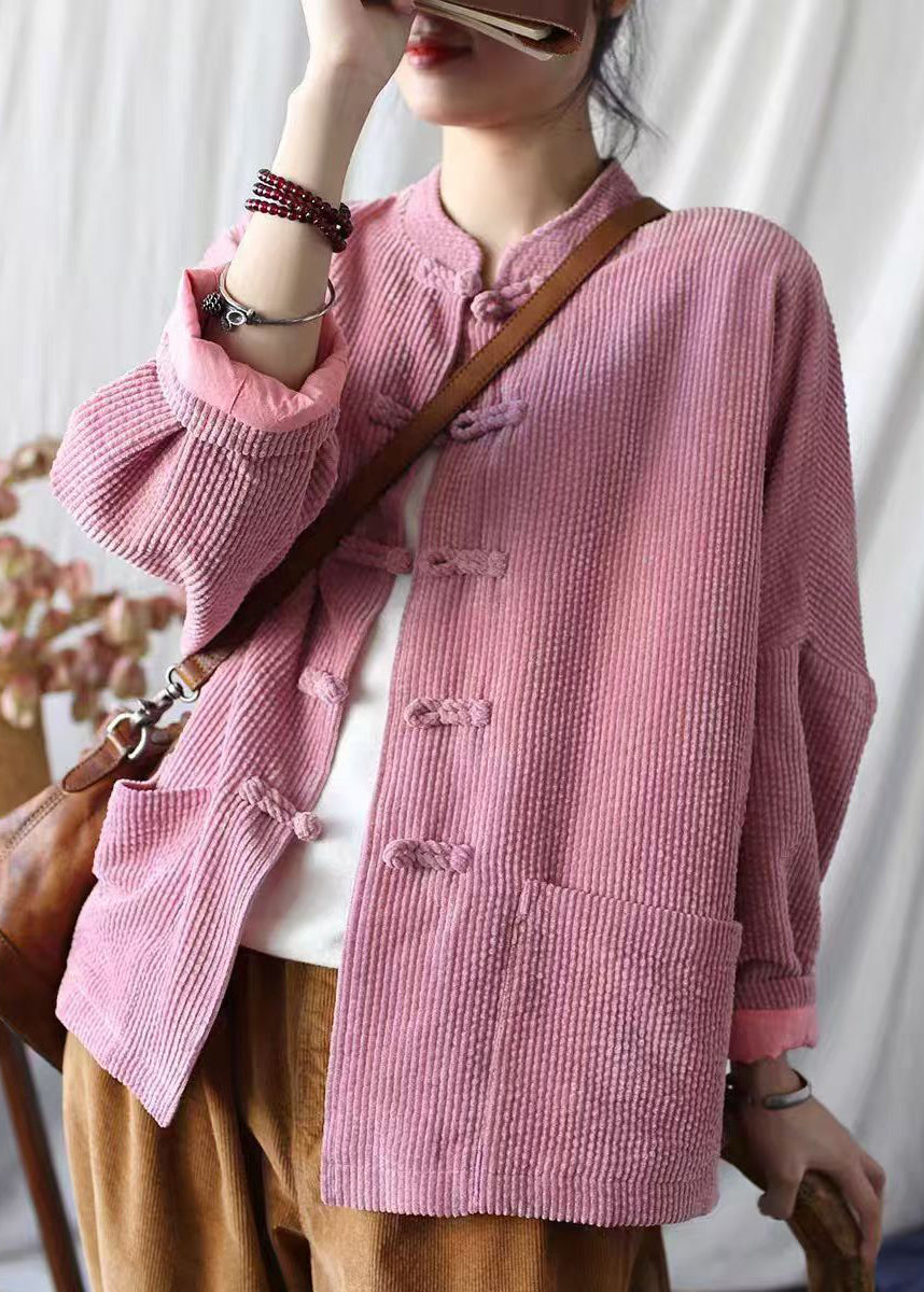 Pink Stand Collar Pockets Corduroy Jackets Spring